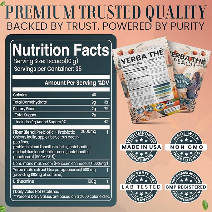 Yerba Mate Powder - Clean Energy &amp Focus - Organic Yerba Mate Tea 350g - Supports Gut Health with Probiotics &amp Prebiotics Brain Fog Relief Focus &amp Relaxation - Peach Flavor 35 Servings
