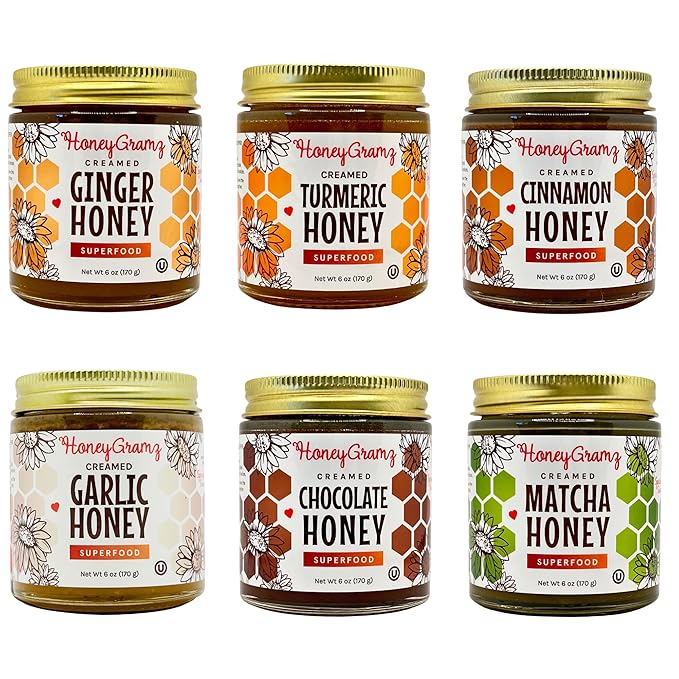 HoneyGramz Raw Unfiltered Superfood Creamed Honey - Organic Matcha Turmeric Ginger Cinnamon Chocolate and Garlic. Small Batch Handcrafted and Unprocessed - Rich in Nutrients and Beneficial Enzym