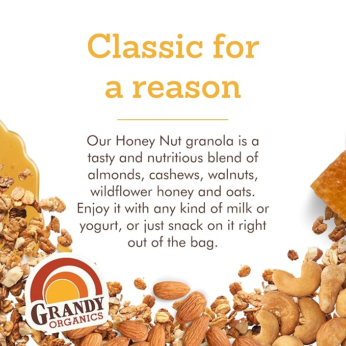 Grandy Organics Honey Nut Gluten Free Granola - Certified Organic Non-GMO Lower Sugar Family Value Size 2 Pound Bags Bulk Pack of 2
