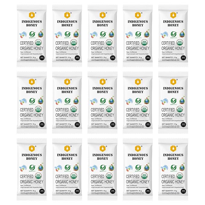 INDIGENOUS HONEY Organic Natural Wild Honey Raw Pure Unprocessed Added Sugar Free NMR Tested Unpasteurized Unheated 15 Sachets Gift Pack 15g Each Total 225g