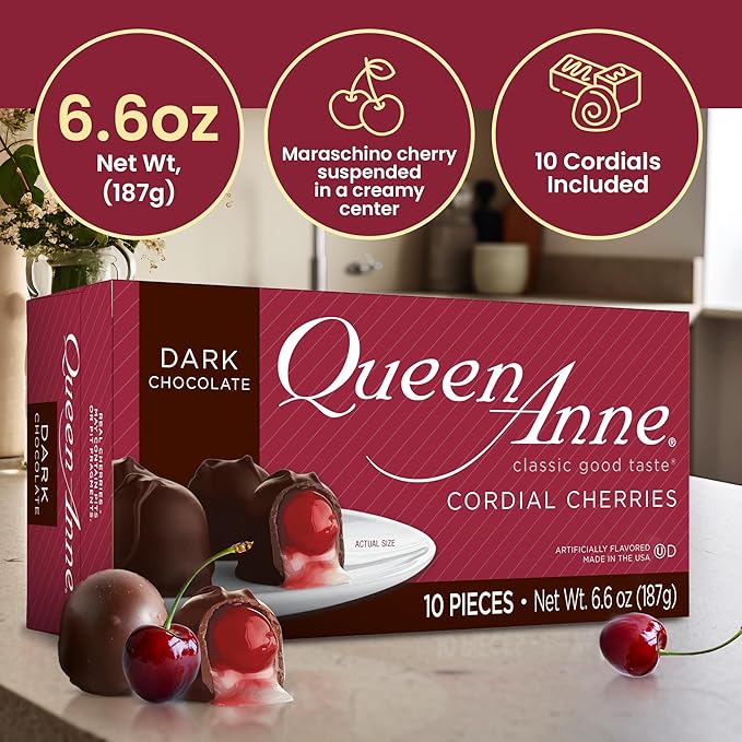 Queen Anne Dark Chocolate Covered Cordial Cherries | 6.6 oz (Pack of 4) | 10 Piece Gift Boxes | Whole Maraschino Cherry Creamy Filled Liquid Center | Holiday Party Chocolate Candy