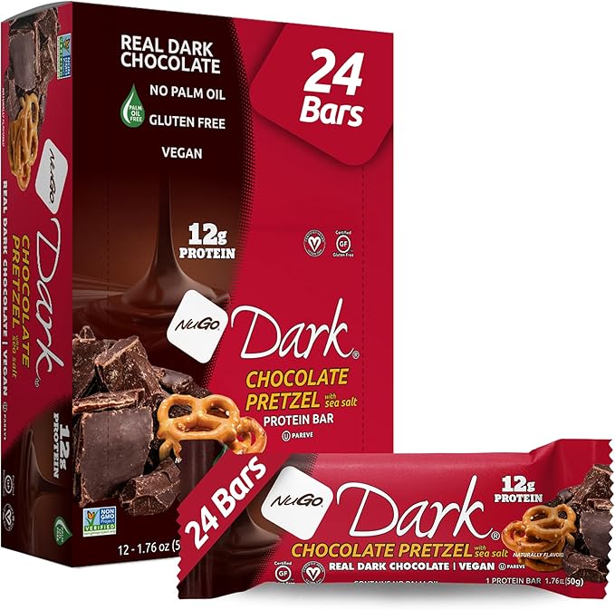 NuGo Dark Chocolate Pretzel and Sea Salt 12g Protein Bar Vegan Gluten Free Non-GMO Kosher Pareve 24 Count