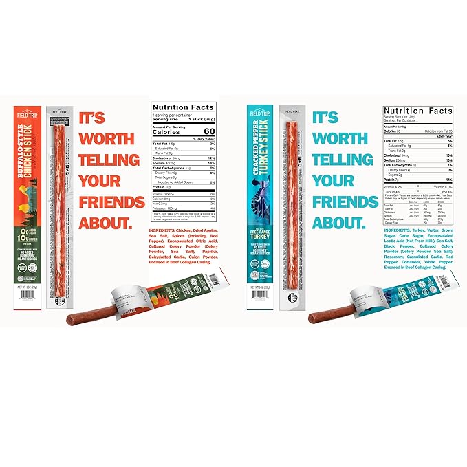 Field Trip Grass Fed and Free Range Variety Jerky Snack Sticks Keto Paleo Gluten Free Allergy Friendly Snack High Protein 90 and 100 Calorie Snack 1oz 10 Pack