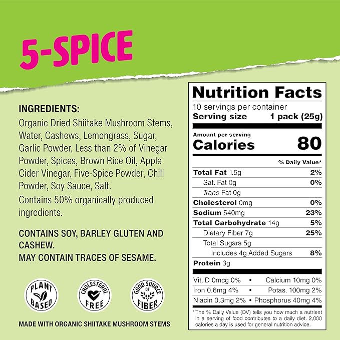 Ichoose Muskee Musky Mushroom Jerky Vegan High-Fiber Snack | Beef Jerky Alternative Perfect for Valentines &amp Snack Packs - 10 Pack Box 0.88 oz (25g) | (25g Box 10 Packs 5-Spice)
