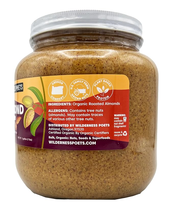 Wilderness Poets Roasted Almond Butter - Organic Smooth Creamy No Salt Unsweetened - Half Gallon Glass Jar 4 Pound (64 Ounce)