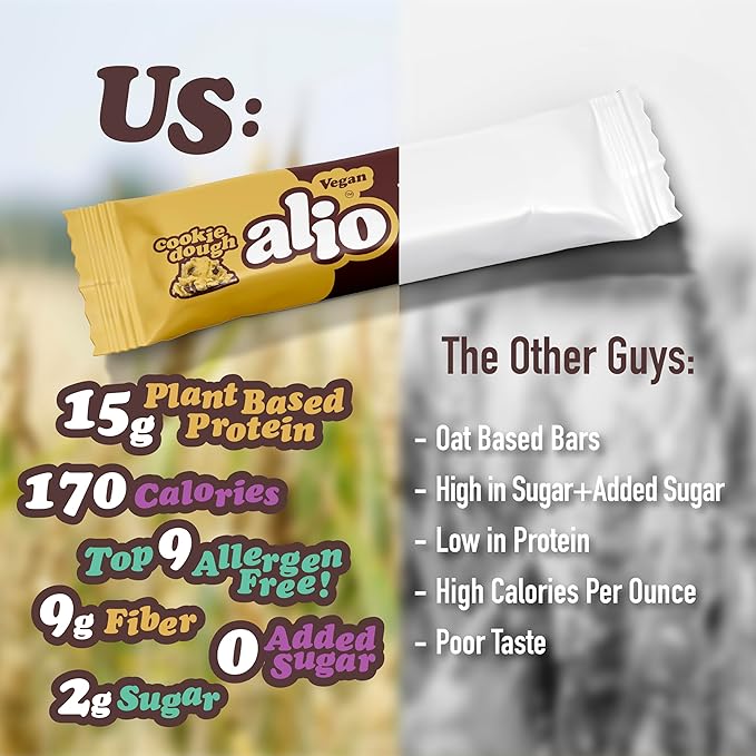 Alio Protein Bars - Cookie Dough (12 Bars) – Free From The Top 9 Food Allergens High Protein Low-Calorie Vegan Gluten-Free Nut-Free Non-GMO Plant-Based Seed Oil Free Delicious &amp Healthy S