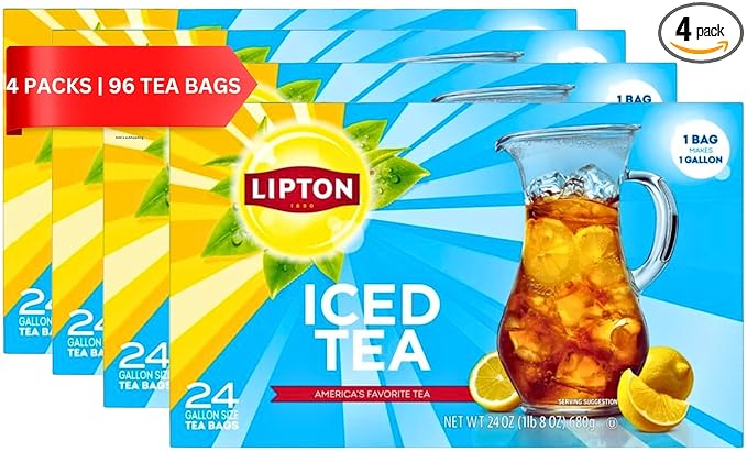 Lipton Unsweetened Iced Tea Bags Gallon-Sized Zero Calories 24 Count Pack of 4 Total 96 Gallon Tea Bags