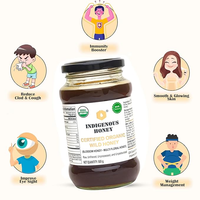 INDIGENOUS HONEY USDA Certified Organic Raw Wild Blossom Honey Unfiltered Small-Batch Micro-Lot Harvest Glass Jar Single-Origin 17.64 oz