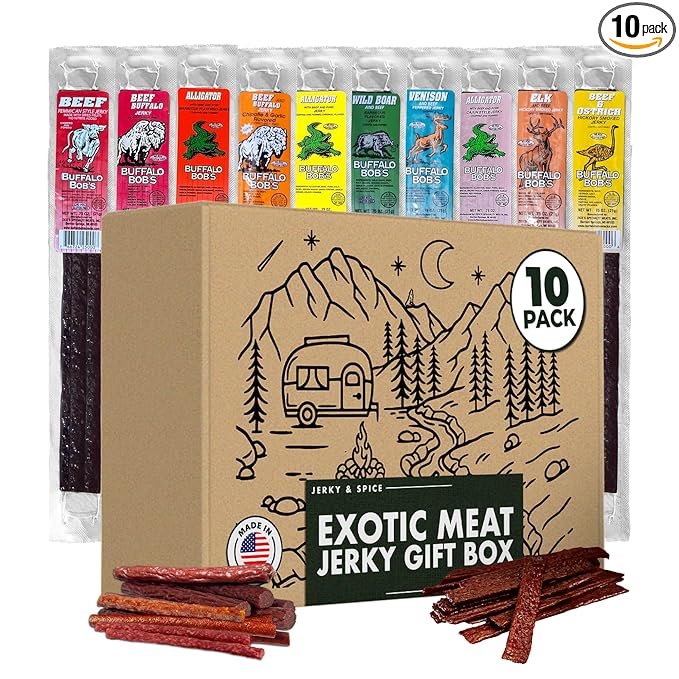 Jerky-n-Spice Exotic Jerky Gift Box (10 Count) | Exotic Jerky Variety Pack | Assorted Flavored High Protein Beef Stick for Men | Wild Game Meat Stick Sampler | Ideal for Birthday Road Trip &amp Camp