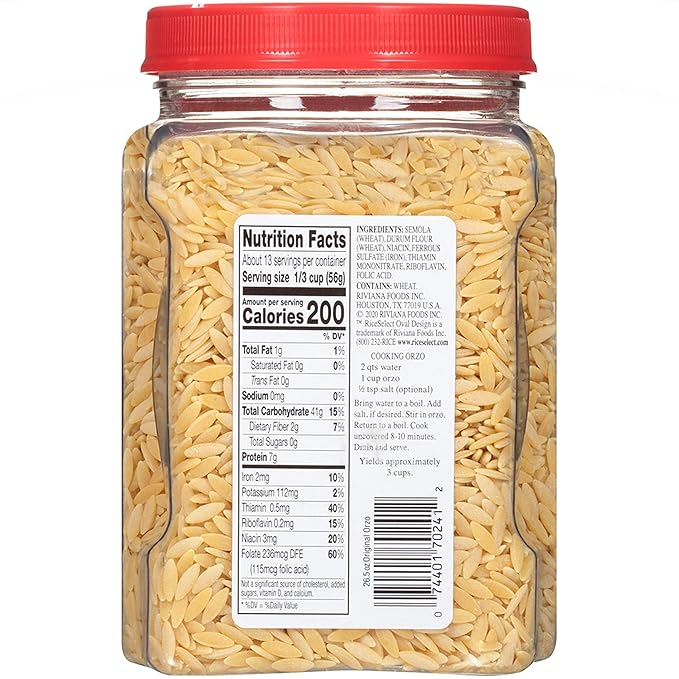 RiceSelect Orzo Pasta Non-GMO 26.5 oz (Pack of 4 Jars)