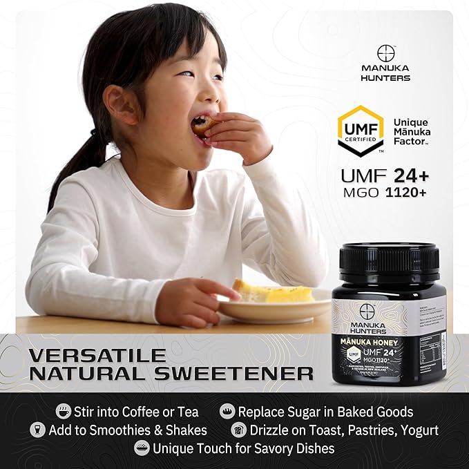 Manuka Hunters UMF 24+/MGO 1120+ Certified New Zealand Manuka Honey - 100% Pure Natural Sweetener - Gluten Dairy Free - Ideal for Tea Coffee Smoothies and Baking - Sustainable - 8.8oz/250g Jar
