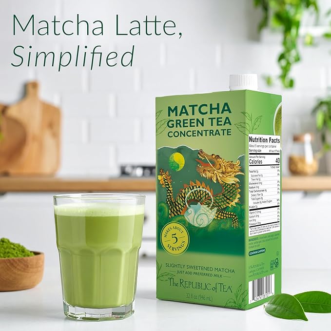 The Republic of Tea – Matcha Green Tea Concentrate 6 Cartons – 32 fl oz (5 Servings) Matcha Latte Mix Naturally Caffeinated Gluten Free Japanese Green Tea
