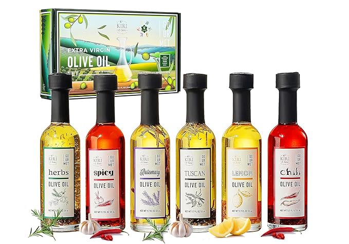 Kiri &amp Sons Olive Oil Gourmet Sampler Gift Set of 6 - Premium Extra-Virgin Blend Olive Oil Made In Spain Natural Flavors Include Herbs Chili Spice Rosemary Tuscan &amp Lemon - Gifts for Her