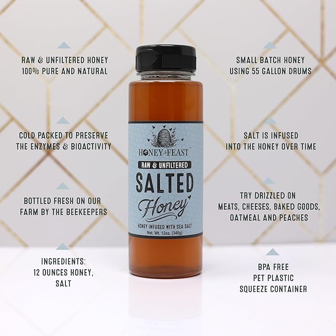 HONEY FEAST Gourmet Honey Trio Gift Set – Includes 12oz Spiced Rum Salted and Hot Honey – Perfect for Cooking Charcuterie Tea and Gifting