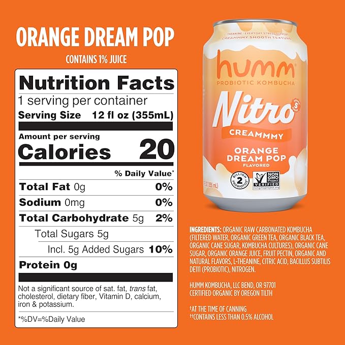 Humm Nitro Kombucha Orange Dream Pop Creamy Smooth Probiotic Drink with L-Theanine Non-GMO Vegan Gluten Free 12 fl oz (Pack of 12)