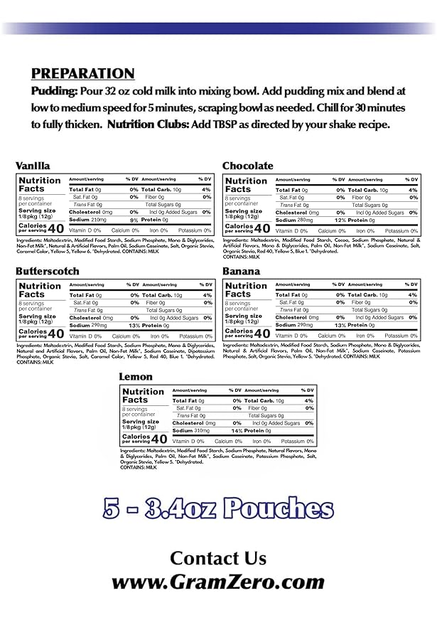 GramZero Variety (Vanilla Chocolate Butterscotch Banana Lemon) Sugar Free Pudding Mix 5-Pack Great For Nutrition Club Meal Replacement Shakes Low Calorie Dessert Stevia Sweetened