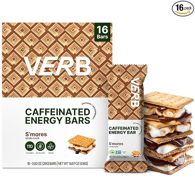 Verb Caffeinated Energy Bars S'mores (26g Pack of 16) 110-Calorie Delicious Low Sugar Energy Bar - Vegan Gluten Free On-the Go Snack with 80mg Green Tea Caffeine Only Real-Food Ingredients