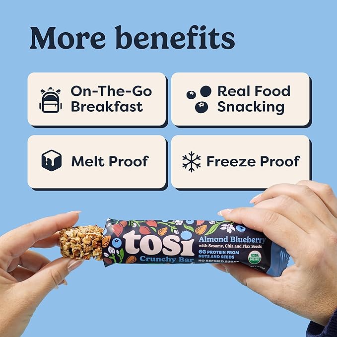 Tosi Nut Bars Almond Blueberry Healthy Snacks for Adults &amp Kids Plant Based Crunchy Bars (6G Protein) Organic Keto Snacks Vegan Gluten &amp Soy Free Low Sugar Omega 3s 1oz 12-Pack