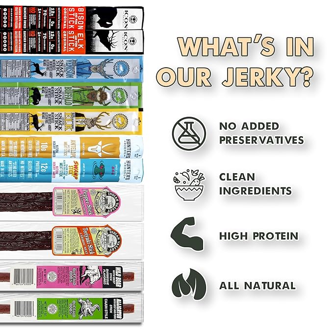Jerky-n-Spice Exotic Beef Jerky Gift Box | Snacks Variety Pack for Adults | Exotic Meat Sticks Sampler | Jerky Gift Basket for Birthday &amp Any Occasions | Meat Bouquet Healthy Snack Box | 10 Pack