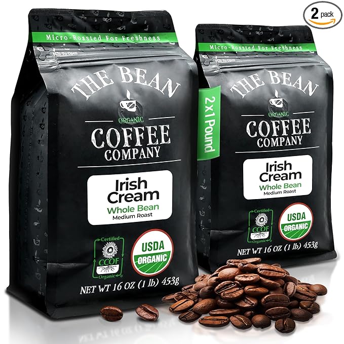 The Bean Organic Coffee Company Irish Cream Medium Roast Whole Bean Coffee 16-Ounce Bags (Pack of 2)