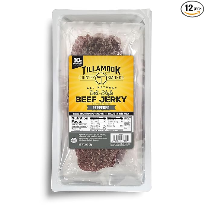 Tillamook Beef Jerky Country Smoker Peppered Deli Style Thin Sliced Slab Low Carb High Protein Ready to Eat Keto Snacks Chopped &amp Formed Slabs12 Count Tray