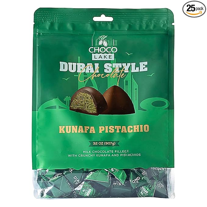 Choco Lake Original Dubai Style Kunafa Pistachio Chocolate 32 oz Bulk Bag – Milk Chocolate Filled with Crunchy Kunafa &amp Pistachios Individually Wrapped Candy