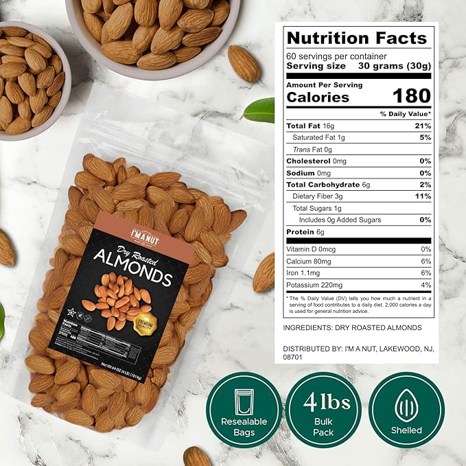 Dry Roasted Almonds Unsalted 64 oz (4 lbs) Batch Tested Gluten &amp Peanut Free | No Oil | Whole | No PPO | Non-GMO | No Herbicide | Healthy Protein Boost | Premium Quality | Try the difference
