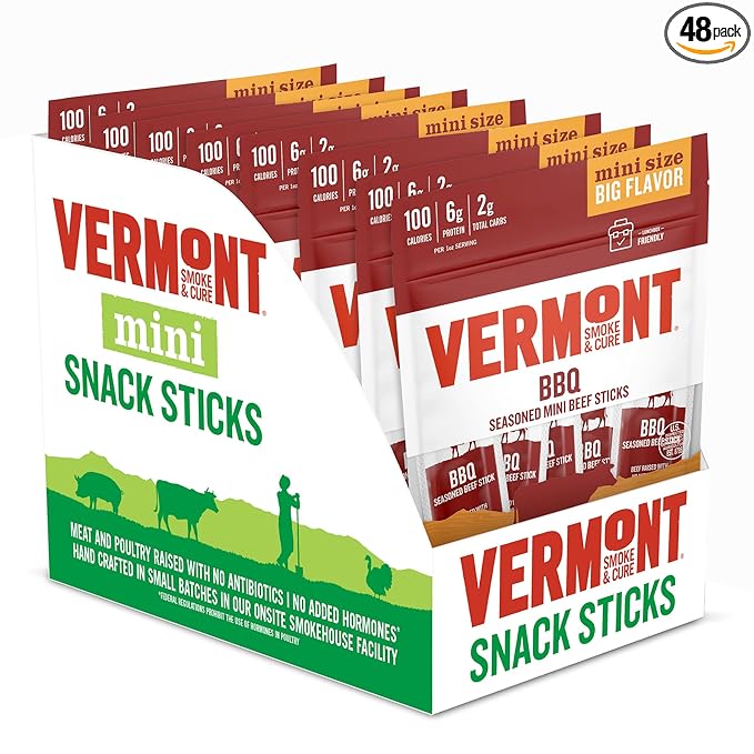 Vermont Smoke &amp Cure BBQ Beef Sticks - Healthy Protein Meat Snacks with BBQ Flavor - On the Go Healthier Snack for Adults &amp Kids - Portable Meat Snack- 3 oz pack of 8