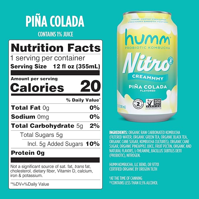 Humm Nitro Kombucha Piña Colada Creamy Smooth Probiotic Drink with L-Theanine Non-GMO Vegan Gluten Free 12 fl oz (Pack of 12)
