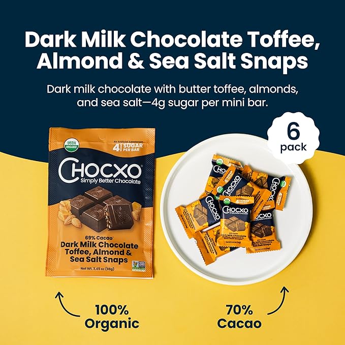 Chocxo Dark Milk Chocolate Toffee Almond &amp Sea Salt Snaps - Lower Sugar 69% Organic Cacao NonGMO Keto Gluten Free Kosher. No Artificial Sweeteners/Sugar Alcohols 3.45 oz (Pack of 6)