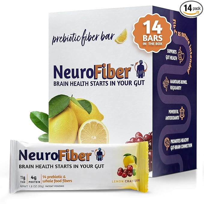 NeuroFiber Prebiotic Fiber Bars – Gut Health Constipation Relief &amp Brain Function Support – Plant-Based Gluten Free Vegan (14 Bars Lemon Cranberry)