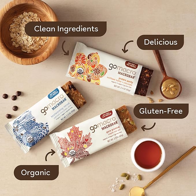 GoMacro MacroBar Organic Vegan Protein Bars Nut Free Variety Pack 2.3 Oz 12 Count