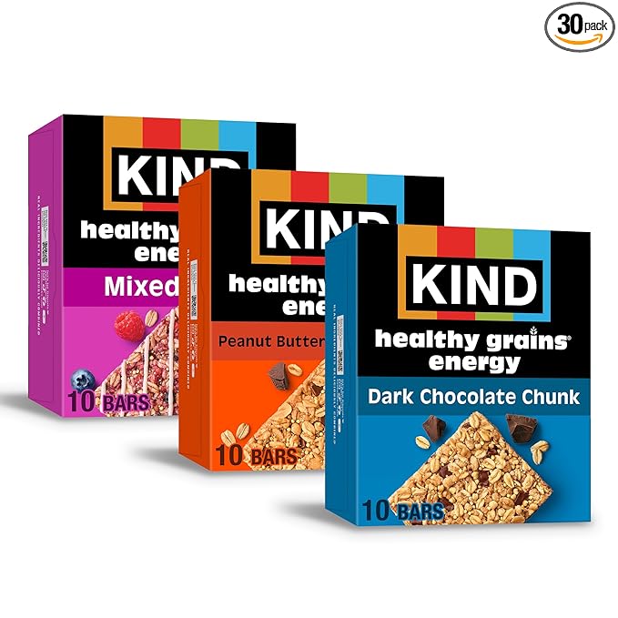 KIND Healthy Grains Energy® Bars 30ct Variety Pack Dark Chocolate Chunk Peanut Butter Dark Chocolate and Mixed Berry 18-21g Whole Grains Made with Super Grains Gluten Free Snacks