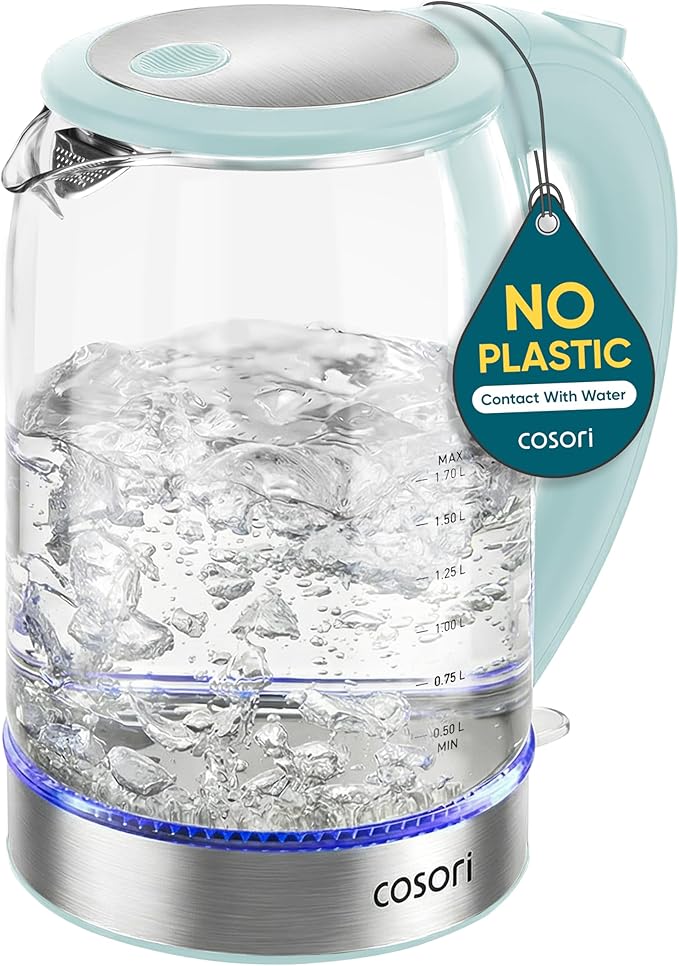 Cosori Electric Kettle No Plastic Contact With Water Wide Mouth For Easy Cleaning Auto Shut Off 1.7L Tea Kettle &amp Hot Water Boiler Water Heater &amp Teapot Borosilicate Glass Green 1500W