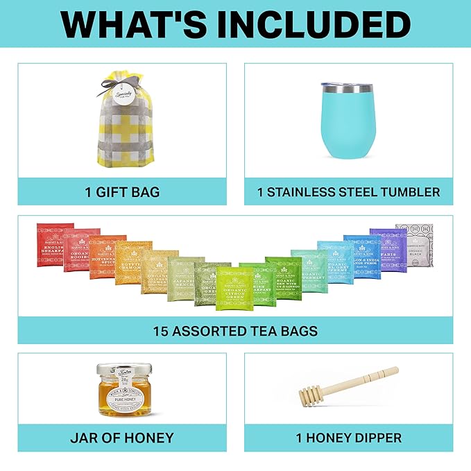 Tea Gift Set for Women &amp Men – Includes Assorted Teas Elegant Mug &amp Honey (Teal - Hrny &amp Sons Tea)