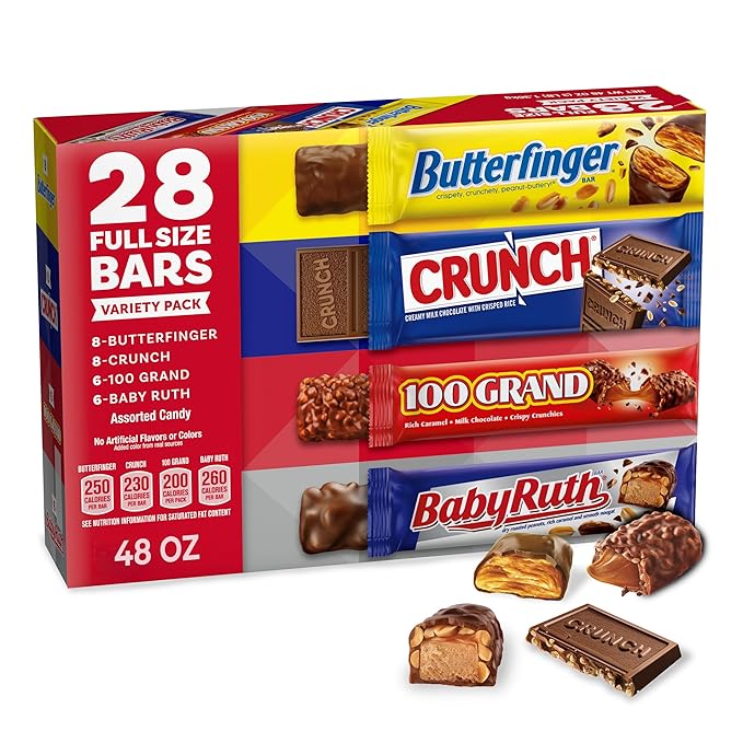 Butterfinger CRUNCH Baby Ruth and 100 Grand Bulk 28 Pack Assorted Full Size Chocolate Candy Bars 48 oz
