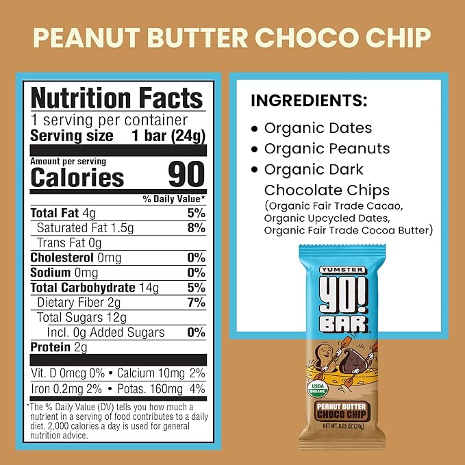 Yo! Bar by Bearded Brothers Vegan Organic Kids Bar (25 Bars) - Gluten Free Paleo and Whole 30 | Soy Free Non-GMO Low Glycemic No Sugar Added Fiber + Whole Foods (Peanut Butter Choco Chip)