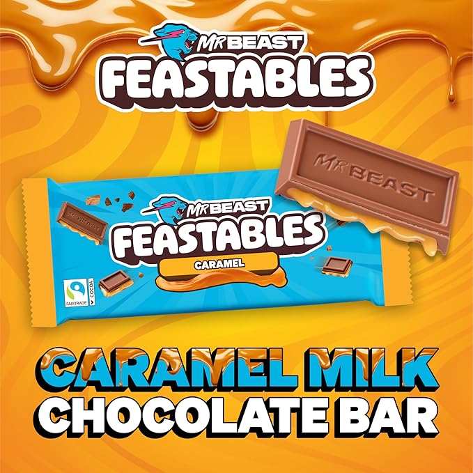 MrBeast Feastables Caramel Chocolate Bar King Size 10 Count Smooth Caramel Filled Chocolate Candy Fairtrade Cocoa 2.1oz Each