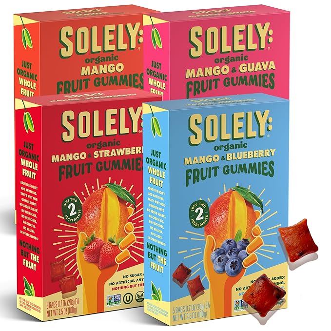 SOLELY - Organic Mango Whole Fruit Gummies Variety Pack (4 Flavors 5 Bags per Box) - Real Fresh Fruit - Healthy Snacks for Adults &amp Kids - Non GMO Vegan Snacks Shelf Stable - 20 Bags (3.5 oz)