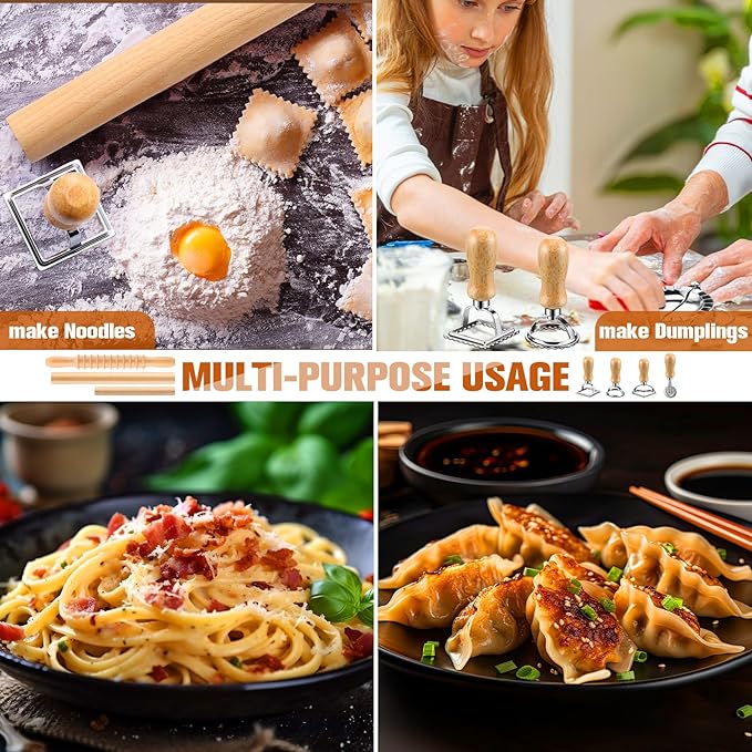 9 Pcs Gnocchi Pasta Making Tools kit - Gnocchi Board Pasta Cutter Ravioli Stamp Wood Threaded Pasta Roller Pin Set Noodle and Dumplings Maker Homemade Kitchen Gift for Pasta Lovers