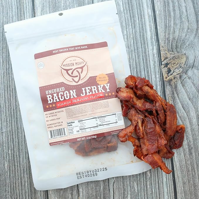 Mission Meats Candied Bacon Jerky (Sriracha) – The Perfect Delicious Savory &amp Sweet Snack Bloody Mary Bar Supplies Gift – Uncured Small Batch Gluten Free 2oz (Pack of 6)