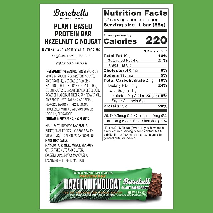 Barebells Vegan Protein Bars Hazelnut &amp Nougat - 12 Count Pack of 2 - Plant Based Protein Bar with 15g of High Protein - Chocolate Protein Snacks with 1g of Total Sugars - On The Go Breakfast Bar