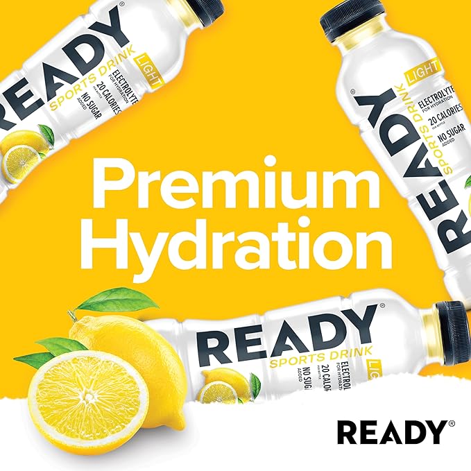 Ready® Sports Drink Light – The Ultimate Low-Calorie Hydration Drink with 4 Different Electrolytes – No Added Sugars – Naturally Sweetened &amp Flavored – Classic Lemonade16.9 oz (12-Pack)