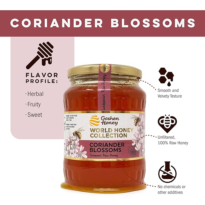 Goshen World Honey Collection - Coriander Blossoms from Bulgaria - Raw Rare and Sustainable Floral Sources - Derived from Natural Flower Nectar with Antioxidants - Nature's Sweetener - 32oz