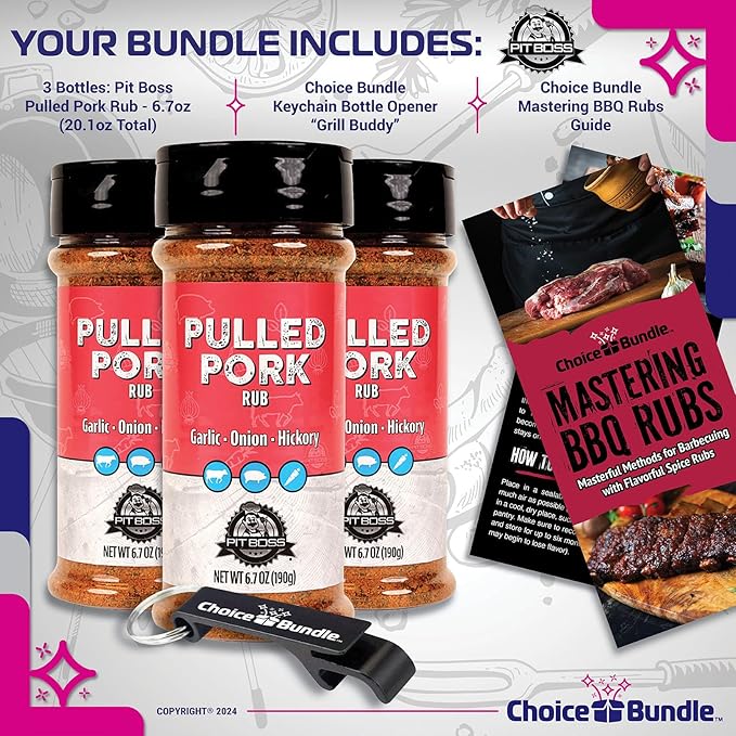 Pit Boss Pulled Pork Premium BBQ Barbecue Mixed Seasoning Spice &amp Rub 3 pk Choice Bundle (20.1 oz) + Guide &amp Keychain Bottle Opener (5 Items)!