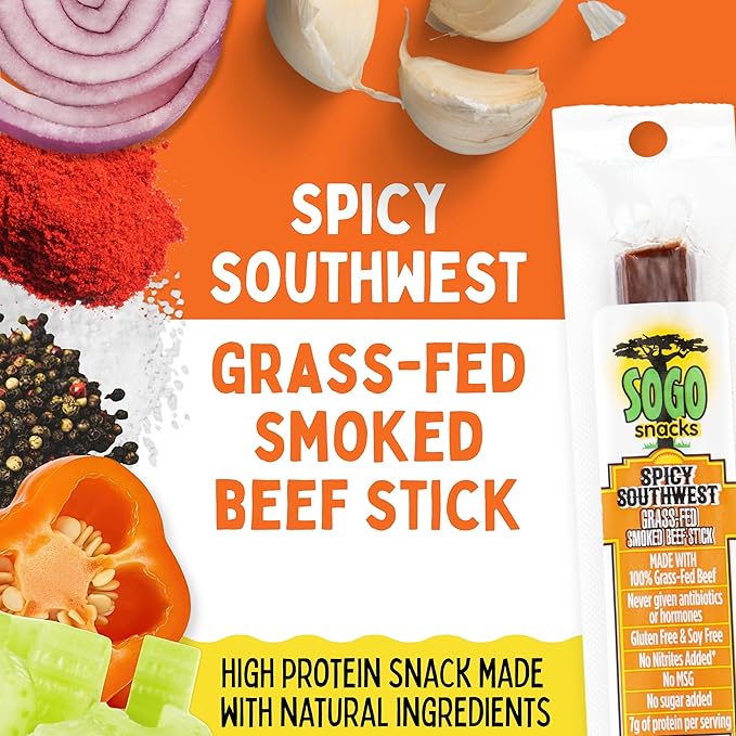 Spicy Habanero Tex-Mex Sogo Snacks 100% Grass Fed Beef Sticks. No Sugar Nitrates Nuts MSG. Non-GMO. Gluten Free Beef Jerky. Soy Free Dairy Free Snacks. Paleo &amp Keto Snack (Tex-Mex 144 Cnt)