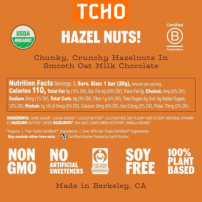 TCHO Hazel Nuts! Oat-Milk Chocolate Bars (5 pack) | Plant Based Organic &amp Fair Trade | Non GMO Non-Dairy Vegan Soy Free (2.1oz each)