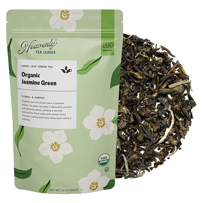 Heavenly Tea Leaves Organic Jasmine Green Bulk Loose Leaf Green Tea 1 Lb. (Approx. 200 Servings) - Antioxidant &amp Immune Boosting Hot or Iced Tea Great Natural Energy Source