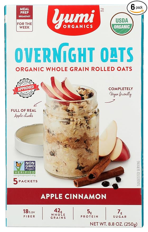 Yumi Organics Overnight Oats Apple Cinnamon Vegan Friendly USDA Certified Organic Non-GMO 8.8 Ounce (Pack of 6)