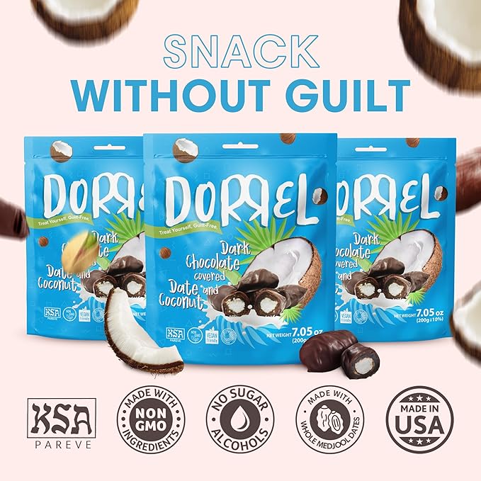 DORREL - Belgian Dark Chocolate Covered Dates (Medjool) with Coconut Stuffing High Energy Vegan Choco Snack Delicious Kosher &amp Non-GMO Pack of 3 Stuffed Chocolate Dates 7.05 oz / 200 g Ea